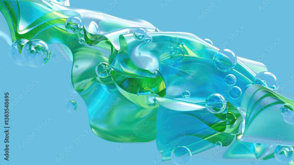 Poster dynamic 3d abstract cloth in turquoise and green with floating translucent spheres