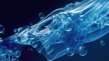 Translucent abstract 3D cloth in deep blue tones with small bubbles on a dark background