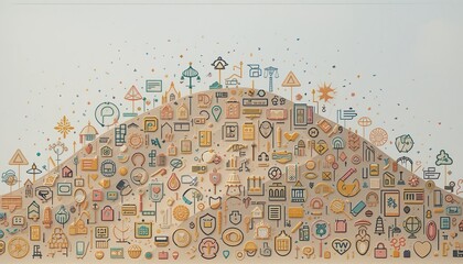 Creative infographic design showcasing diverse icons and symbols on a mountain of ideas digital artwork minimalist environment elevated perspective
