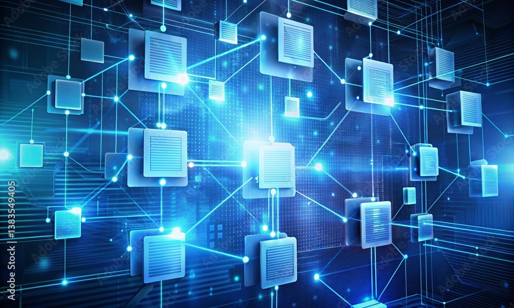 Poster blockchain smart contract execution visualized with digital documents, high-tech theme
