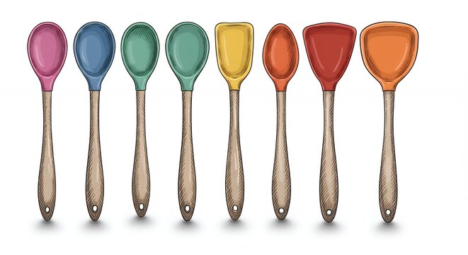 Collection of colorful vintage cooking spoons and spatulas with wooden handles