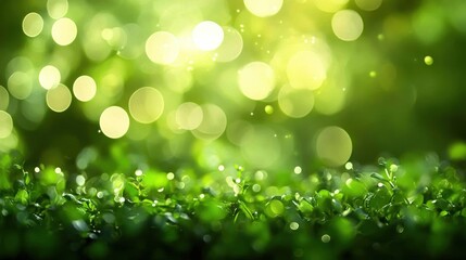 Obraz premium Lush green foliage bathed in sunlight with bokeh effect.