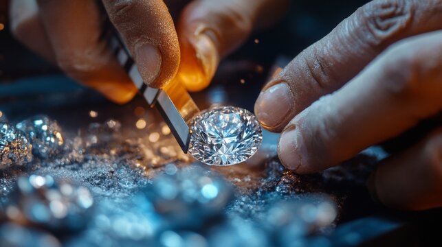 Close-up of a skilled jeweler's hands using tweezers to carefully hold a sparkling diamond