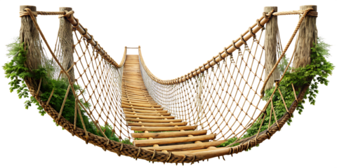 Rope and wooden jungle bridge isolated on white, adventure travel element