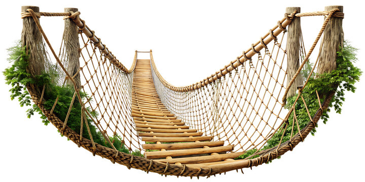 Fototapeta Rope and wooden jungle bridge isolated on white, adventure travel element