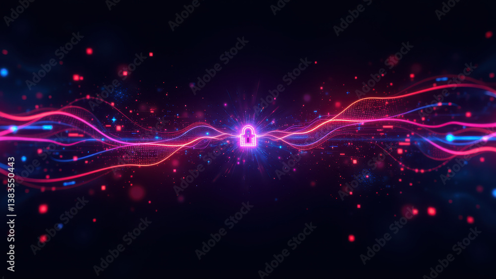 Poster a visually striking digital abstract artwork representing cybersecurity with vibrant colors and dyna