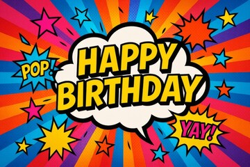 Obraz premium Vibrant comic book style Happy Birthday illustration with speech bubble, stars, and colorful pop art background 