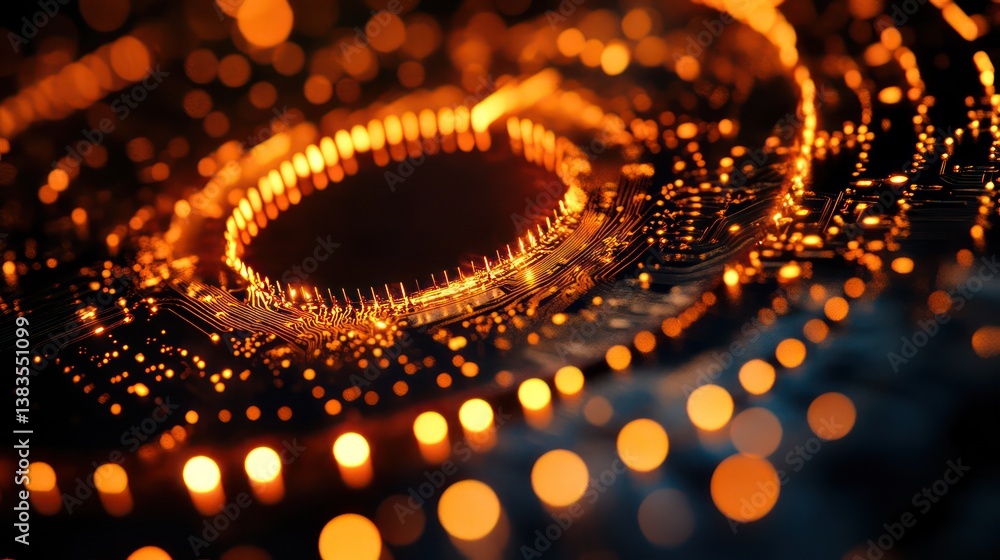 Poster an abstract digital representation of glowing data circuits forming a circular pattern, evoking a se