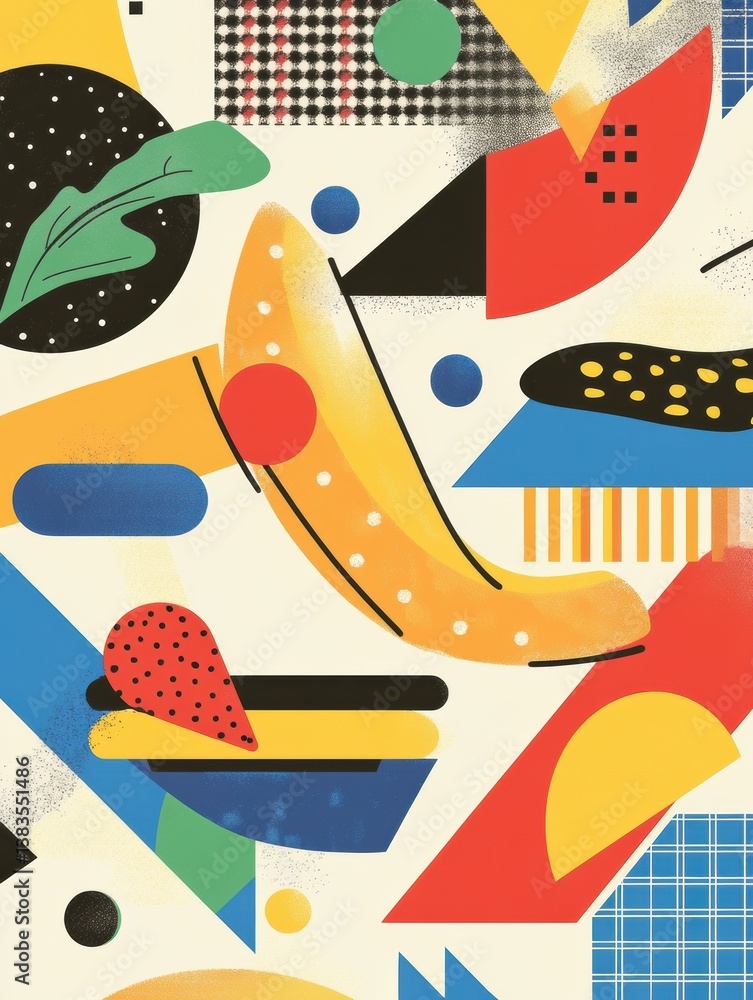 Poster Memphis style pop-art background features floating abstract food shapes and colorful geometric elements in a vibrant composition