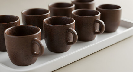 Elegant Brown Espresso Cups Arranged Neatly on a Clean White Serving Tray
