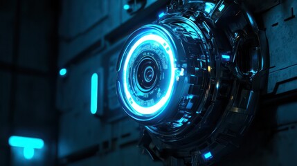 close-up view of a futuristic device with a bright, glowing blue light emanating from the center. The device has a circular design with intricate details, giving it a high-tech look