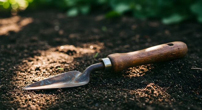 Vintage Garden Dibbler with Wooden Handle Resting on Rich Dark Soil