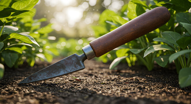 Close Up of A Vintage Garden Dibbler with Wooden Handle in Soil