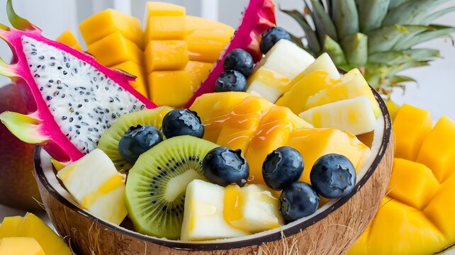 A bright, fresh, high-resolution photo of a vibrant tropical fruit bowl. - Powered by Adobe