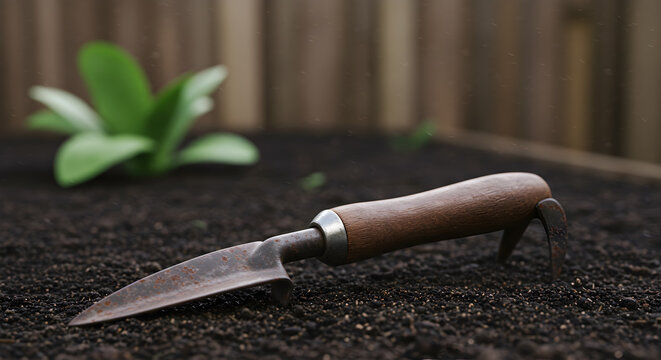 Vintage Garden Dibbler with Wooden Handle on Soil Close Up Photography