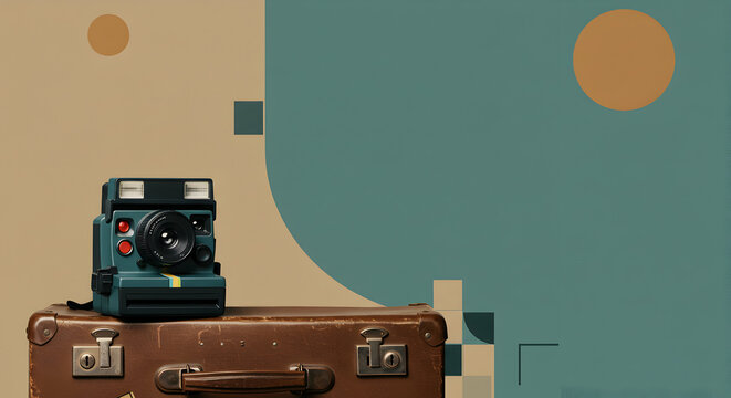 a polaroid camera on a vintage suitcase - Powered by Adobe