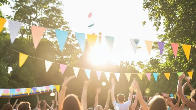 Outdoor festival celebration with colorful flags and diverse crowd in summer