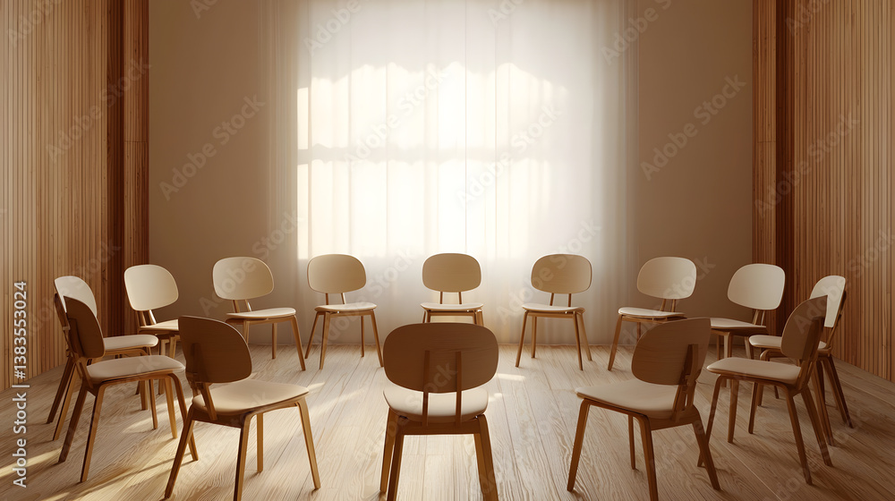 Poster empty chairs in a circle in a softbox-lit room intimate setting still life calm environment artistic