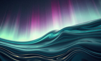 Fototapeta premium mesmerizing digital artwork depicting surreal landscape with flowing waves under vibrant aurora borealis. colors blend beautifully, creating dreamlike atmosphere
