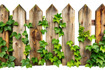  Rustic old wooden fence overgrown with lush green vines isolated on white background for garden or rustic themes.