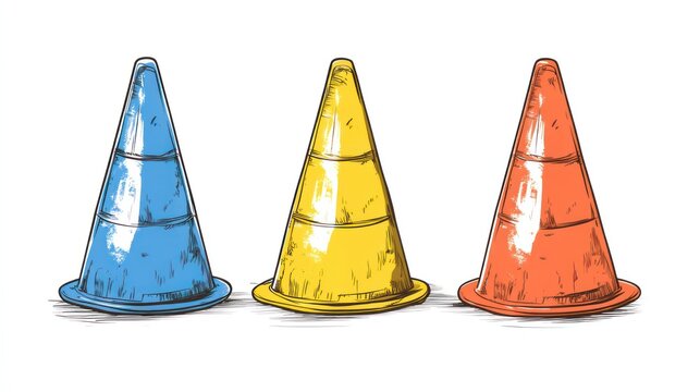set of three colorful traffic cones set against a plain background, the illustration-style image
