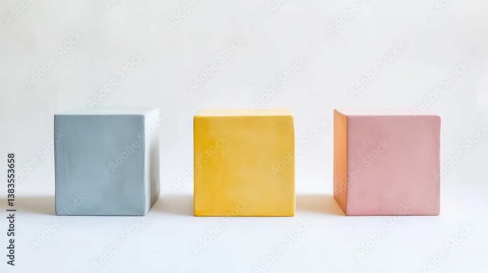Poster three colorful cubes arranged in a row, each with a distinct hue. they stand out against a simple ba