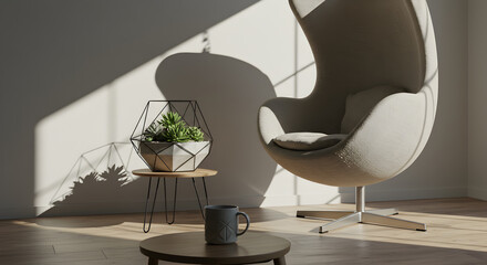 Modern Interior With Egg Chair Geometric Planter And Natural Sunlight Streaming In