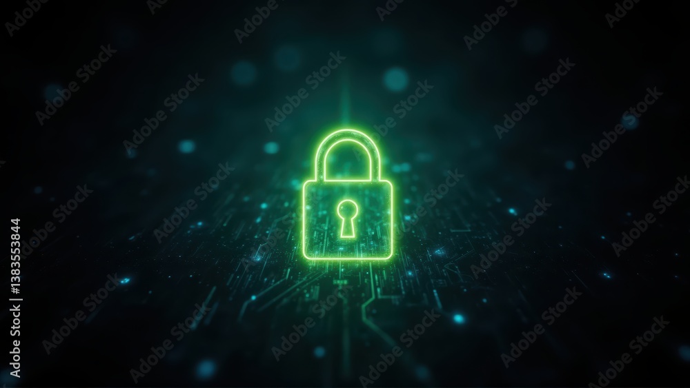 Poster digital security - glowing lock on tech surface