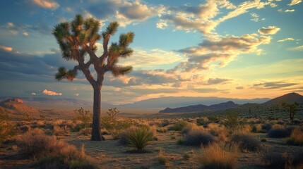 Desert sunset landscape; Joshua tree silhouette; mountains background; nature scene; travel photography