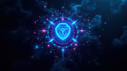Fototapeta premium A futuristic digital cybernetic shield with a glowing blue core, set against a cloudy sky, symbolizing cybersecurity and internet safety.