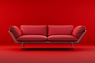 A floating contemporary sofa with a thin metal frame and soft cushions, standing out against a bold red background.