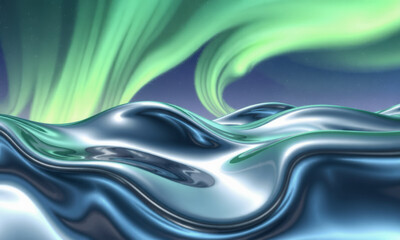 mesmerizing digital representation of waves reflecting vibrant colors of aurora borealis, creating serene and captivating atmosphere