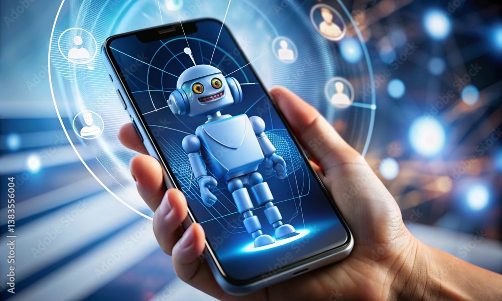 Poster ai-powered chatbot assistant on smartphone screen, digital communication concept.