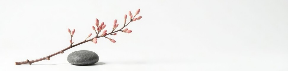 Single branch on white background with a small stone, elegant, nature