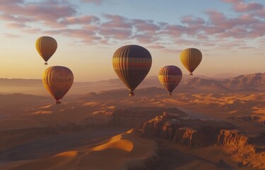 Fototapeta premium Colorful hot air balloons drifting above golden desert dunes at sunrise