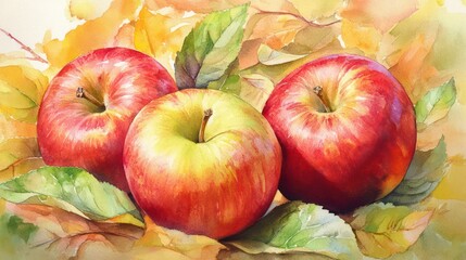 three ripe, red apples, sit among yellow and green leaves, presenting a seasonal and appetizing scene watercolor painting illustration