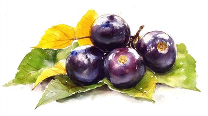 A close-up of four ripe blueberries and some leaves. The berries are a deep purple color, with a slightly glossy sheen, and are arranged on a sprig with several leaves.