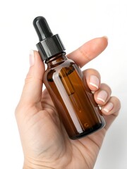 Naklejka premium Hand Holding Amber Glass Dropper Bottle for Skincare Serum on White Background Ideal for Cosmetics, Facial Oils, and Organic Beauty Products