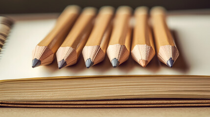Symmetrically aligned pencils on open notebooks creative workspace photography minimalistic close-up inspiration