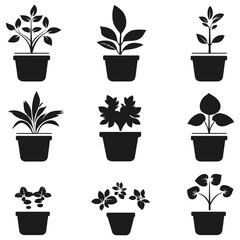 Black Silhouette Vector Collection Of Potted Plants And Indoor Gardening Elements