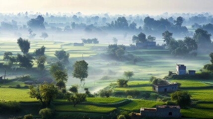 Sunlight piercing the morning mist over the fields of Punjab, a peaceful rural atmosphere. generative ai