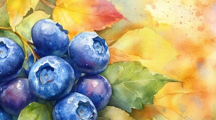Close-up view of vibrant blueberries with colorful leaves, a feast for the eyes watercolor painting illustration