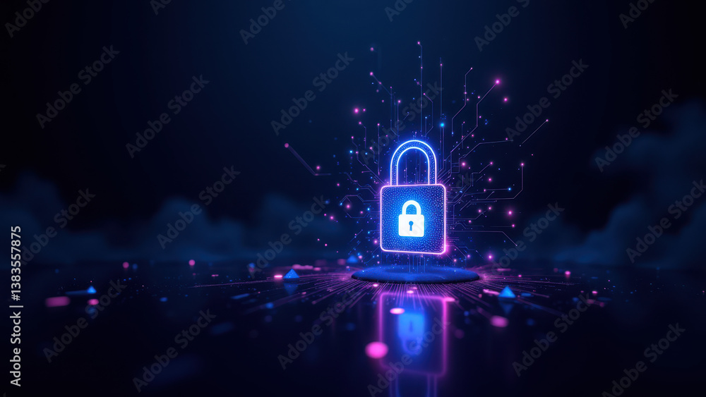 Poster cybersecurity lock icon with a dynamic digital background