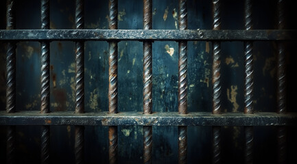 Rusty prison bars with weathered texture in dim light setting