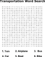 Transportation Word Search Puzzle Train, Car, Airplane, Bus, Boat, Bike