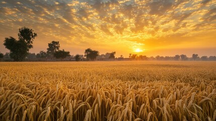 Naklejka premium A traditional Punjabi village wakes up to a spectacular sunrise and golden wheat fields stretching far and wide. generative ai