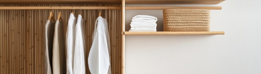 a ecofriendly bamboo closet, home decor element, natural woven texture, light brown, isolated on white background