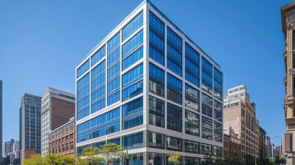 Modern glass building, city street, sunny day, architectural photography, real estate