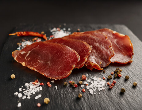 Tasty dried meat with spices on black slate. Delicious snack. Cooking and culinary concept.