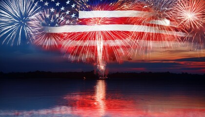 Fireworks in night sky above water, celebration of usa independence day, 4th of July.